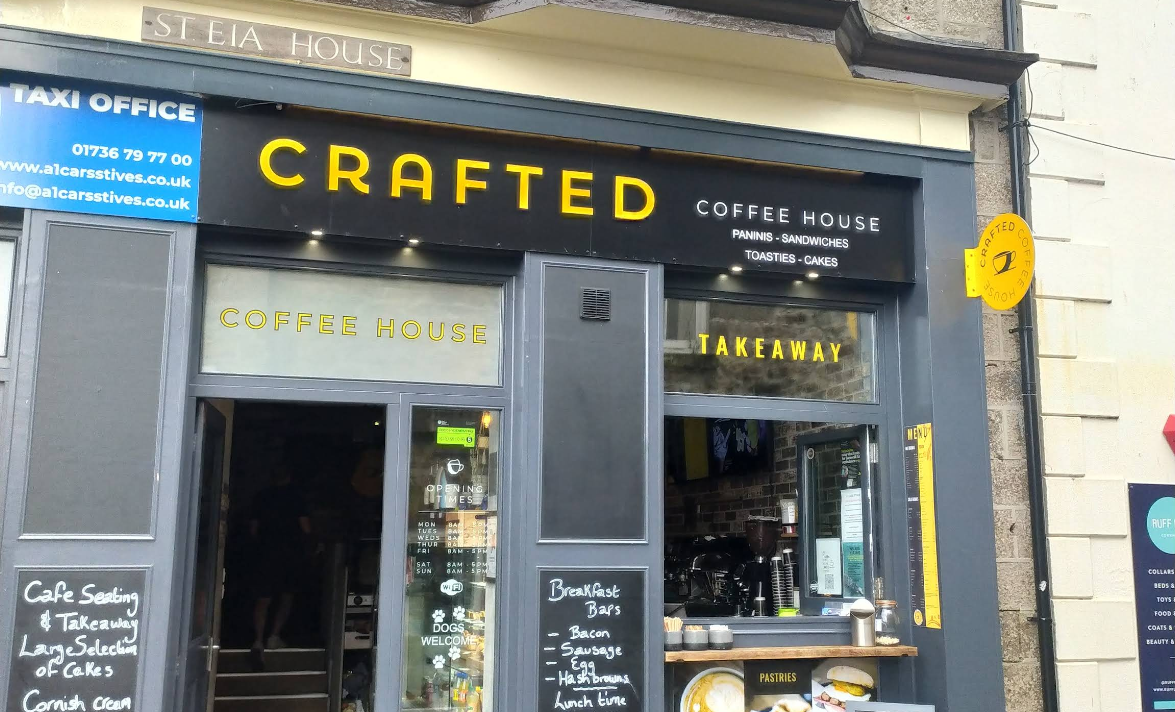 Street view of Crafted Coffee House on Market Place, St Ives