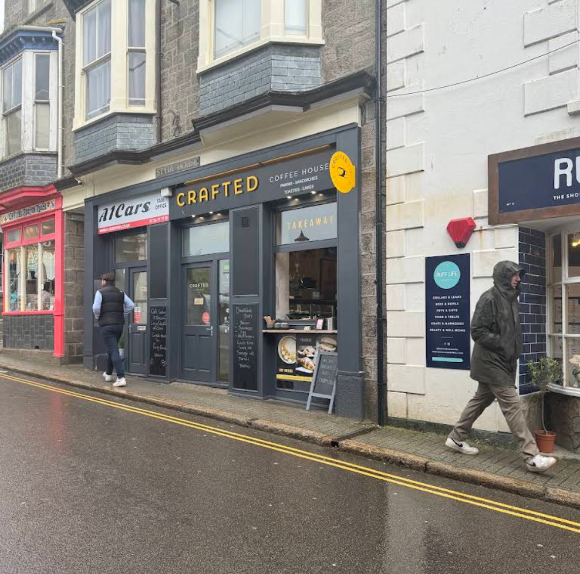 Storefront view on a rainy day