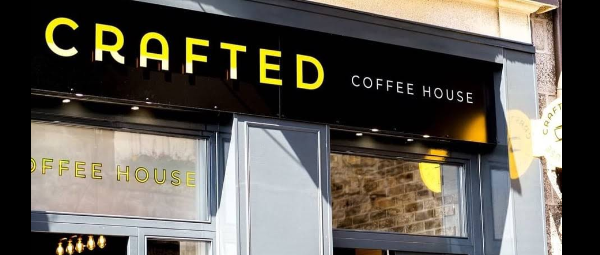 Crafted Coffee House storefront sign on Market Place, St Ives